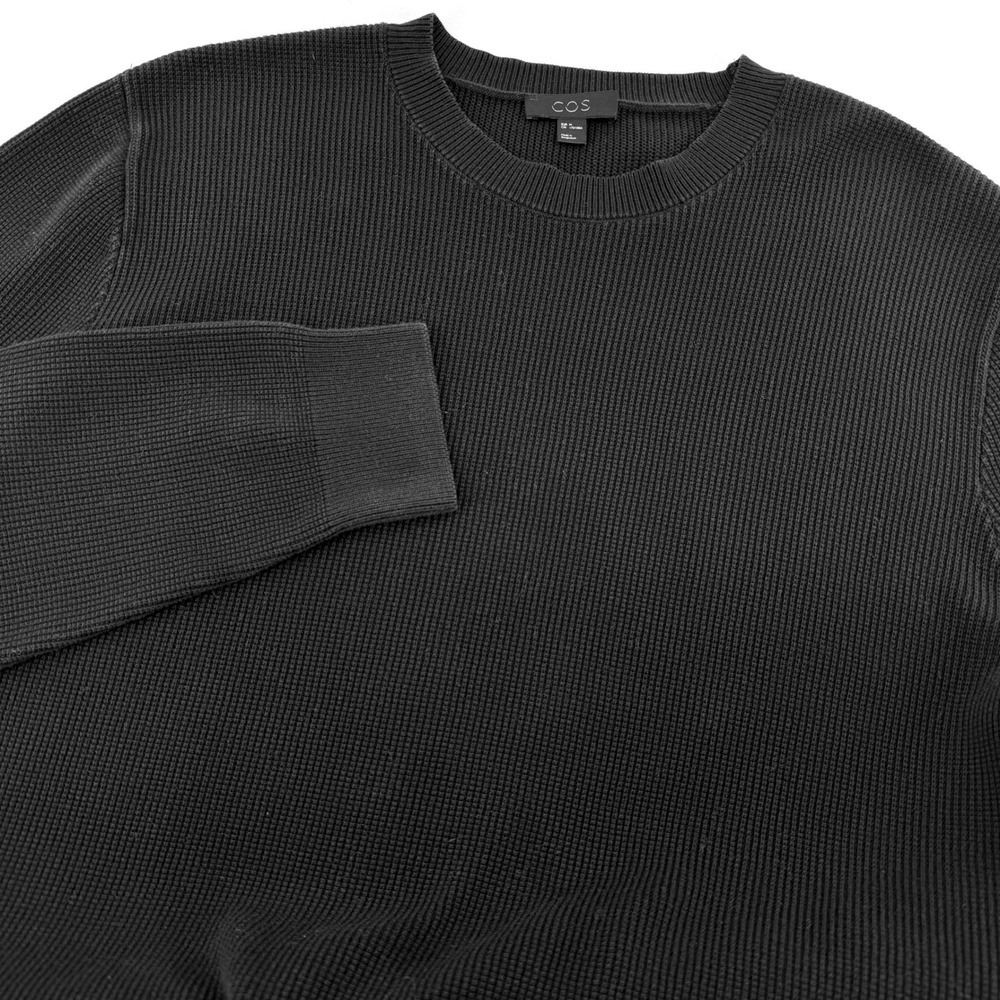 COS Waffle Knit Sweater Mens Medium Black 100% Cotton Crewneck Pullover